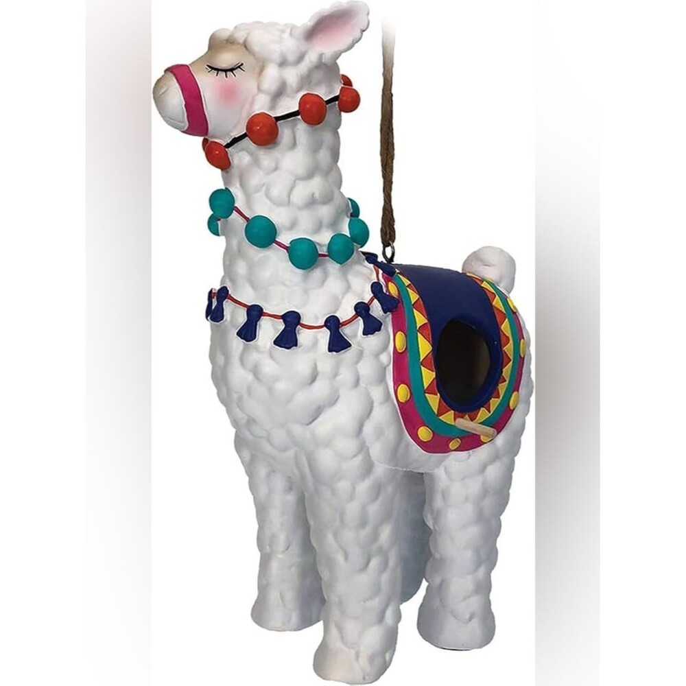 White Decorative Llama Birdhouse with Colorful Saddle and Bead Accents